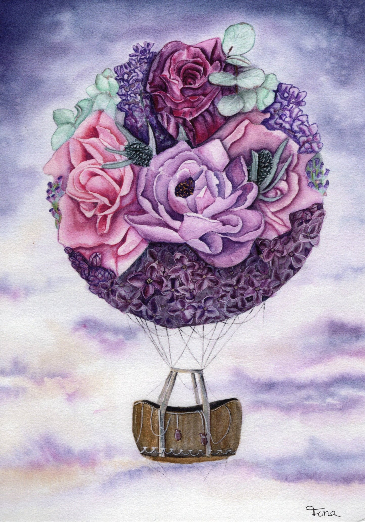 A4 Print – Aquarellbild: Blütenballon aus rosa/pfirsichfarbenen Blüten in einer Ballonform, auf hellem Himmel.