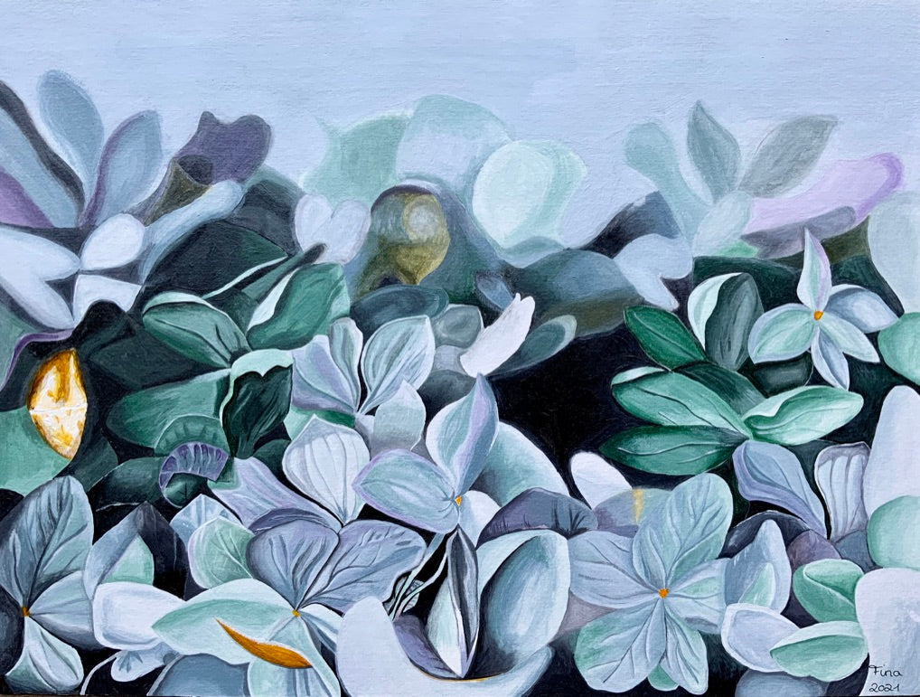 Hortensien, Acrylbild einer bläulich-violetten Blüte mit feinen Schattierungen vor dunkler Fläche