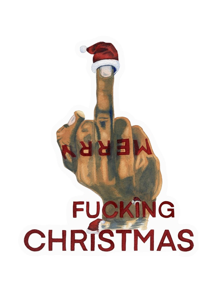 Gemälde Merry FXcking Christmas, Eine Hand zeigt den Mittelfinger, trägt einen Mini-Santa-Hut, und der Text “F***ING CHRISTMAS” steht darunter