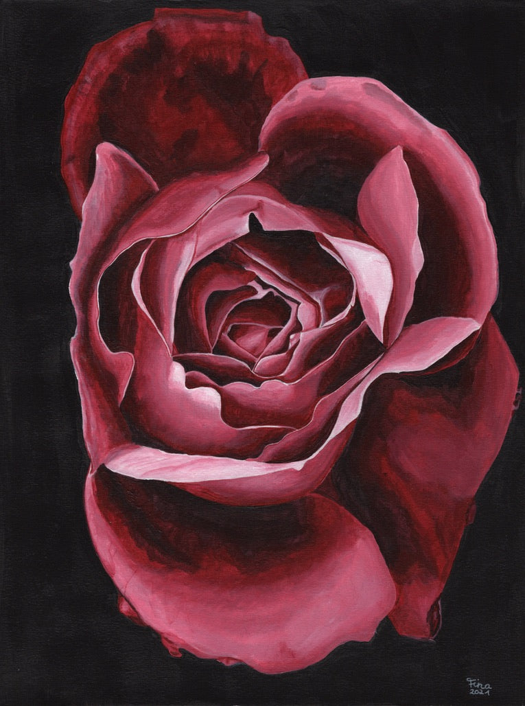 Acrylgemälde einer geöffneten Rose mit detailreichen, geschwungenen Blütenblättern in verschiedenen Rottönen vor dunklem Hintergrund.