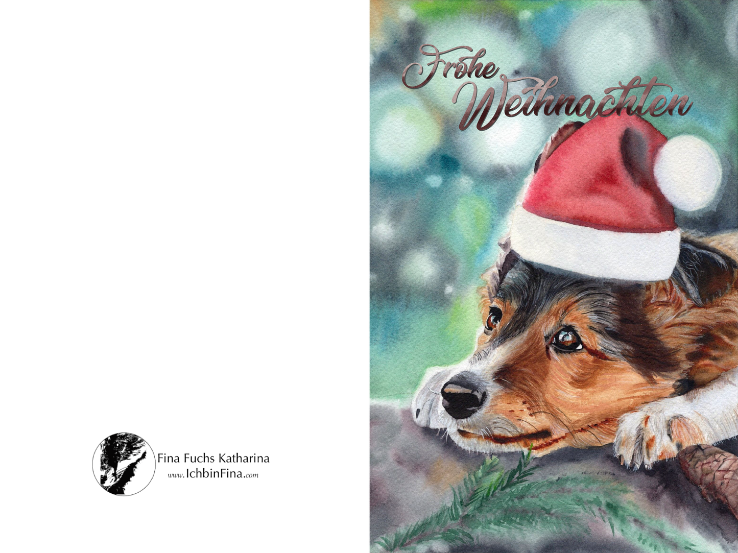 Weihnachtshund Klappkarte 10x15 cm – warmes Aquarellmotiv: Hund mit rotem Santa-Hut, sanfte Farbverläufe, winterliche Stimmung.