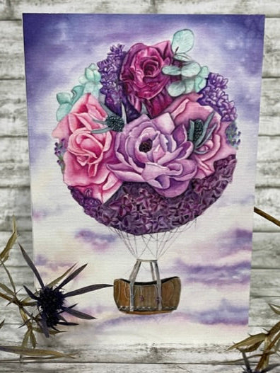 Florale Grußkarte „Alles Liebe“ mit buntem Aquarell-Blütenballon und passendem Umschlag – handgestaltetes Design von Finas Atelier. Fina Fuchs Katharina