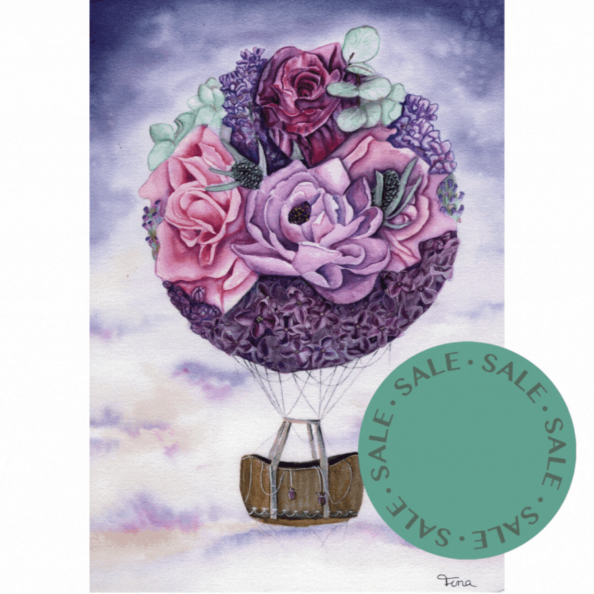 A4 Print – Aquarellbild: Blütenballon aus rosa/pfirsichfarbenen Blüten in einer Ballonform, auf hellem Himmel.