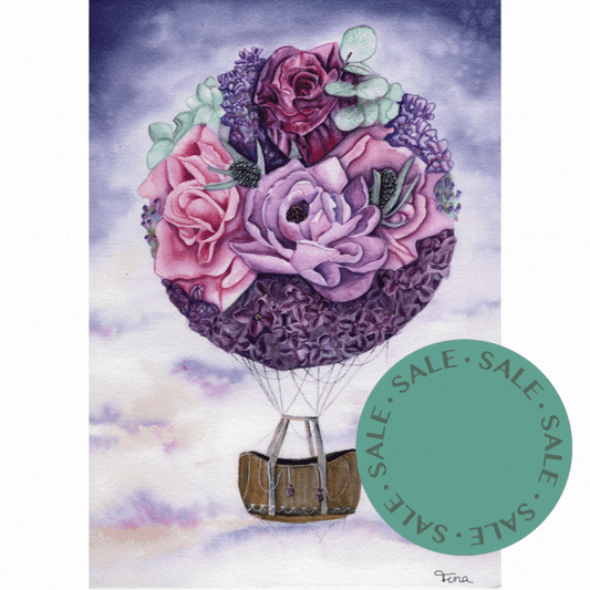 A4 Print – Aquarellbild: Blütenballon aus rosa/pfirsichfarbenen Blüten in einer Ballonform, auf hellem Himmel.