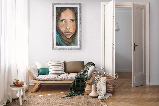 Frau mit Kopftuch - Original Aquarell Porträt von Fina Katharina Fuchs, handgemalt auf Papier, 15,5 x 27,5 cm