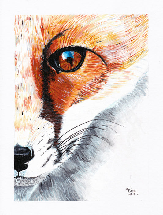 Acrylgemälde einer Nahaufnahme eines Fuchsgesichts mit Fokus auf das Auge und die Schnauze