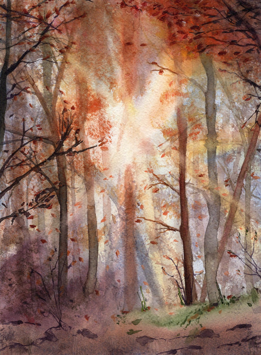 Aquarellportrait eines herbstlichen Waldes mit schlanken Bäumen, fallenden Blättern und diffusem Licht im Hintergrund.