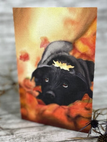 Aquarellbild eines schwarzen Hundes, der in herbstlichem Laub liegt, mit einem Blatt auf dem Kopf
