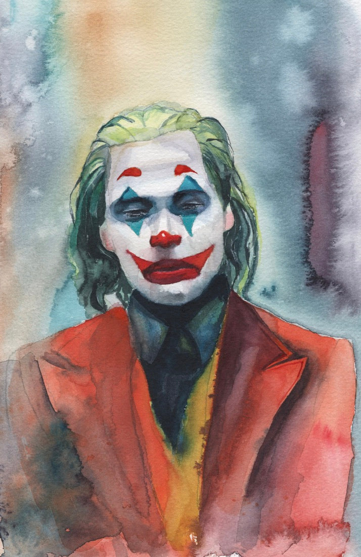 Aquarellgemälde einer Person mit grünen Haaren, rotem Sakko und schwarzem Hemd vor unscharfem, mehrfarbigem Hintergrund.