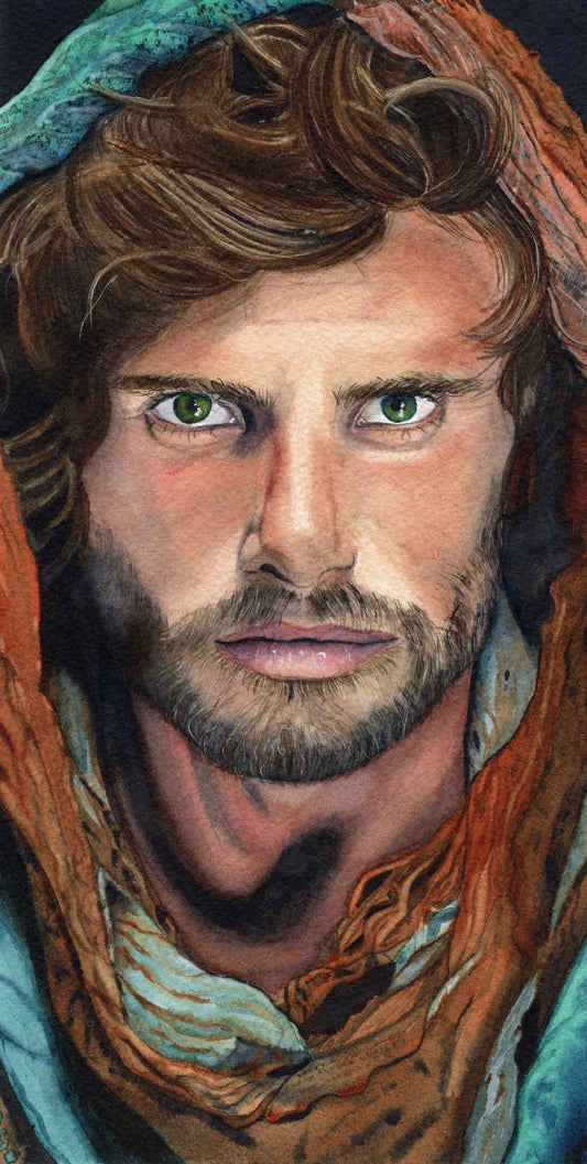 Aquarellportrait eines Mannes mit Kopftuch in verschiedenen warmen und kühlen Farbtönen, das Haar ist sichtbar.