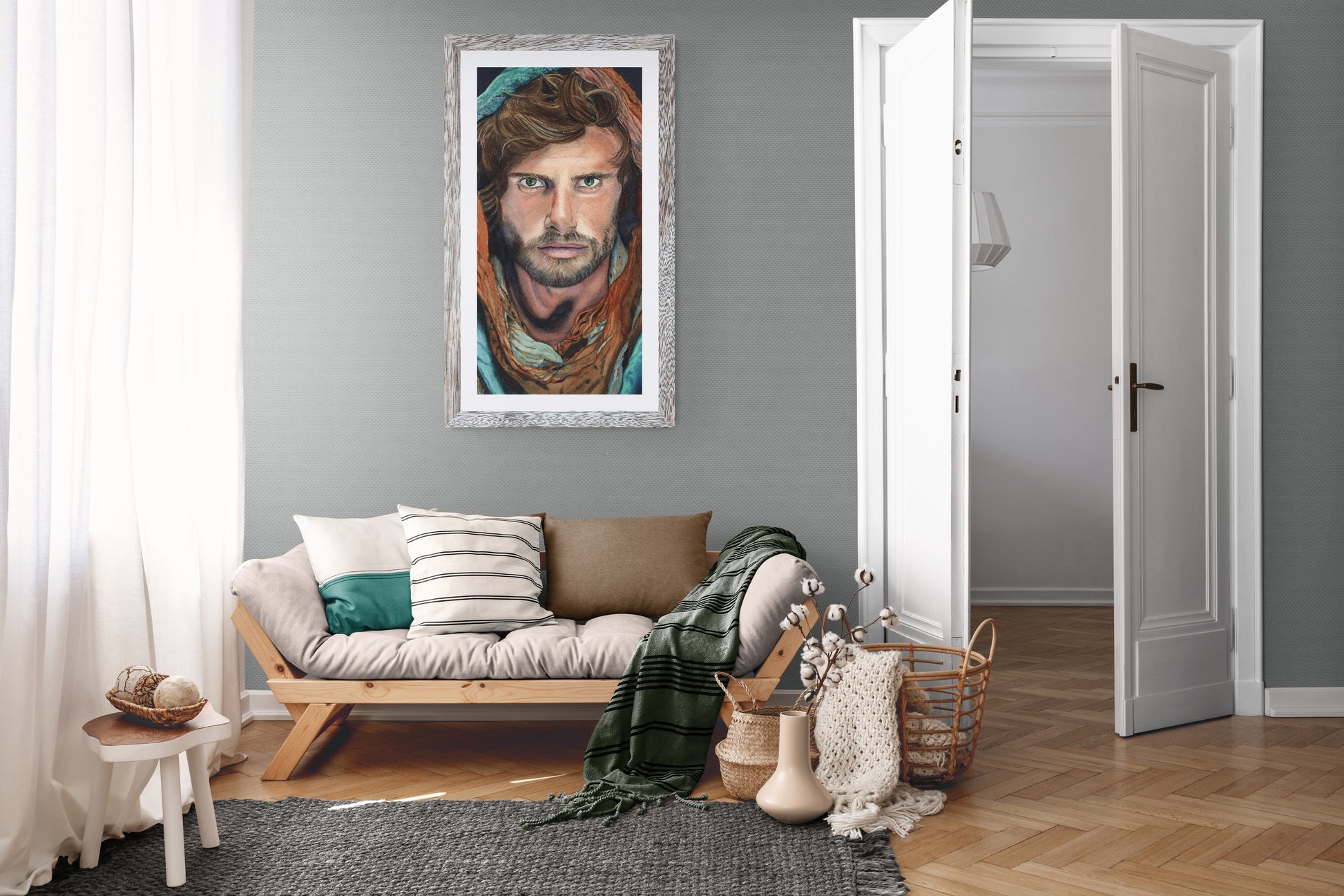 Aquarellportrait eines Mannes mit Kopftuch in verschiedenen warmen und kühlen Farbtönen, das Haar ist sichtbar.