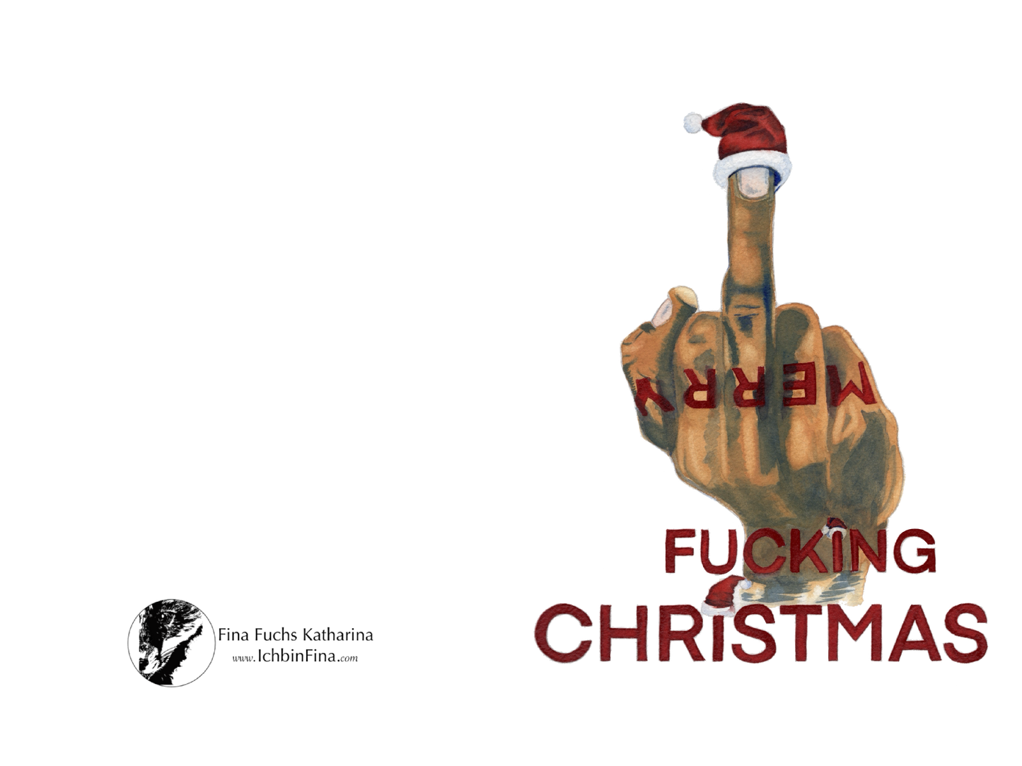Weihnachtliche Klappkarte 10x15 cm: Eine Hand zeigt den Mittelfinger, trägt einen Mini-Santa-Hut, und der Text “F***ING CHRISTMAS” steht darunter