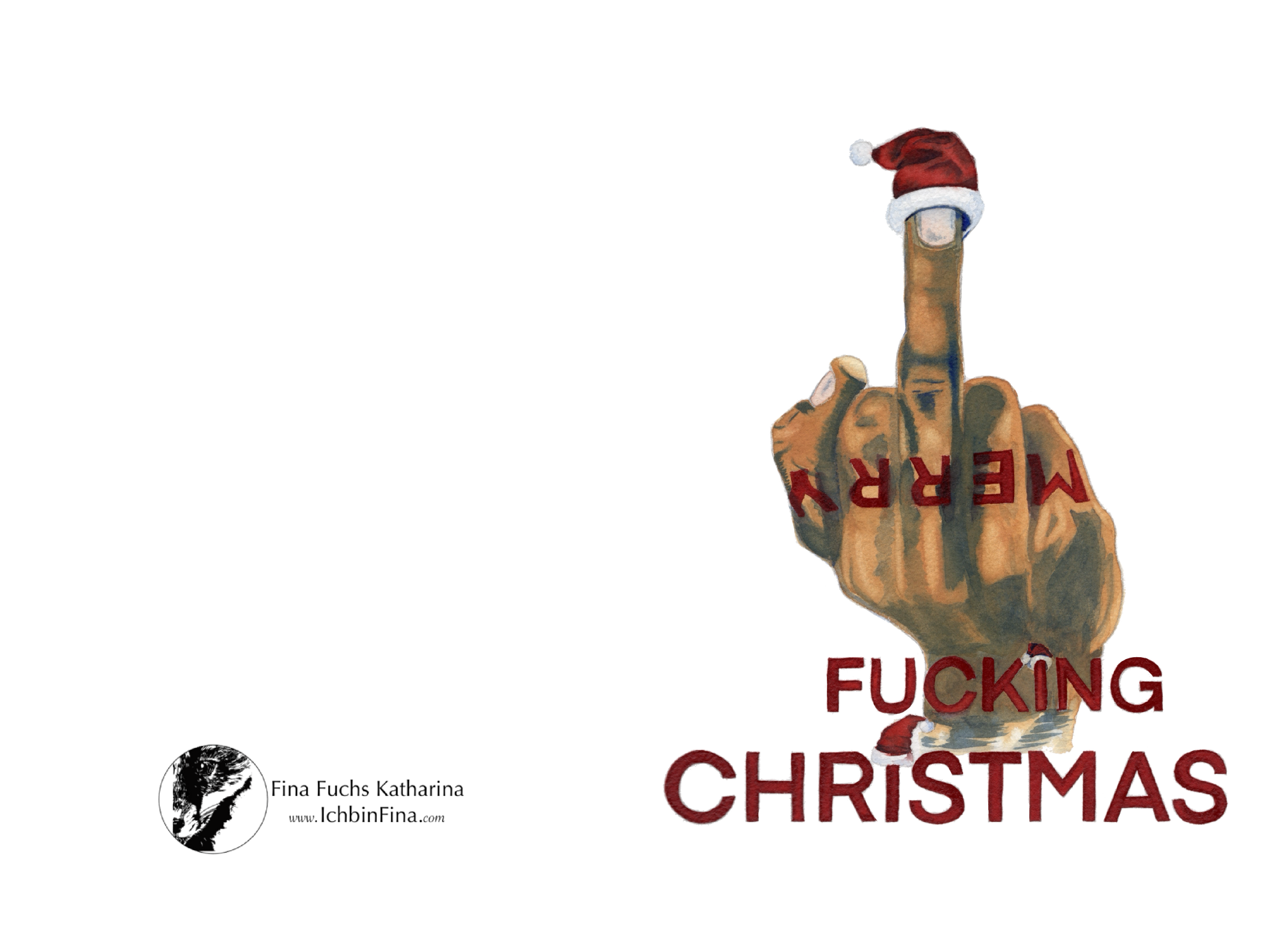 Weihnachtliche Klappkarte 10x15 cm: Eine Hand zeigt den Mittelfinger, trägt einen Mini-Santa-Hut, und der Text “F***ING CHRISTMAS” steht darunter