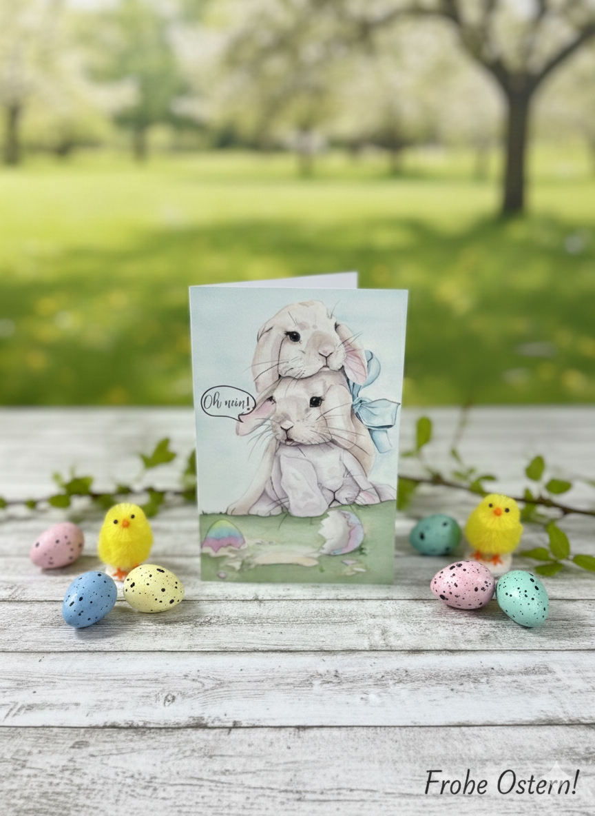 Detailreiche Oster-Klappkarte mit zwei kuschelnden Hasen im Aquarell-Stil, Spruch "Oh nein!" und frühlingshafter Dekoration von Fina Fuchs Katharina.