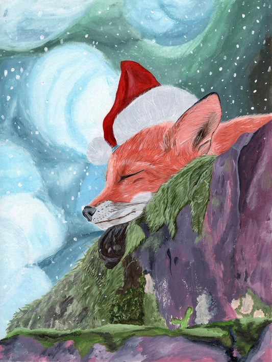 Weihnachtsfuchs Acrylbild eines schlafenden Fuchses mit rotem Santa-Hut vor winterlicher Landschaft; sanfte Farbtöne in Blau, Grün und Lila.