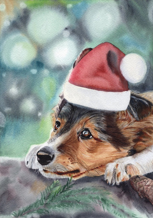 Weihnachtshund Klappkarte 10x15 cm – warmes Aquarellmotiv: Hund mit rotem Santa-Hut, sanfte Farbverläufe, winterliche Stimmung.