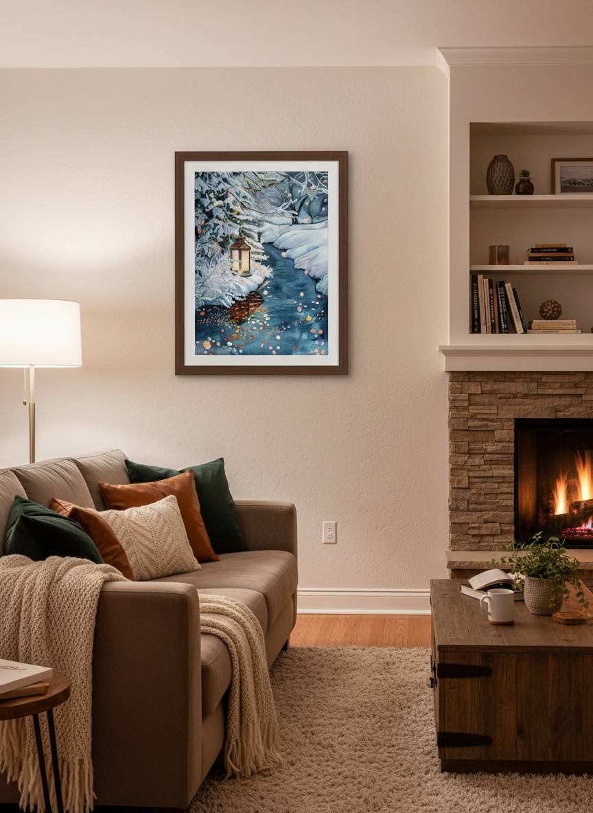 Weihnachtslaterne, Aquarellbild einer verschneiten Winterlandschaft mit Laterne am Ufer, schimmerndem Wasser und fallendem Schnee; warme Lichtreflexe spiegeln sich im Wasser. 