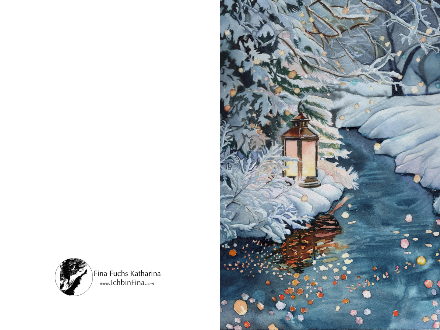 Weihnachtslaterne Klappkarte 10 x 15 cm  einer verschneiten Winterlandschaft mit Laterne am Ufer, schimmerndem Wasser und fallendem Schnee; warme Lichtreflexe spiegeln sich im Wasser.