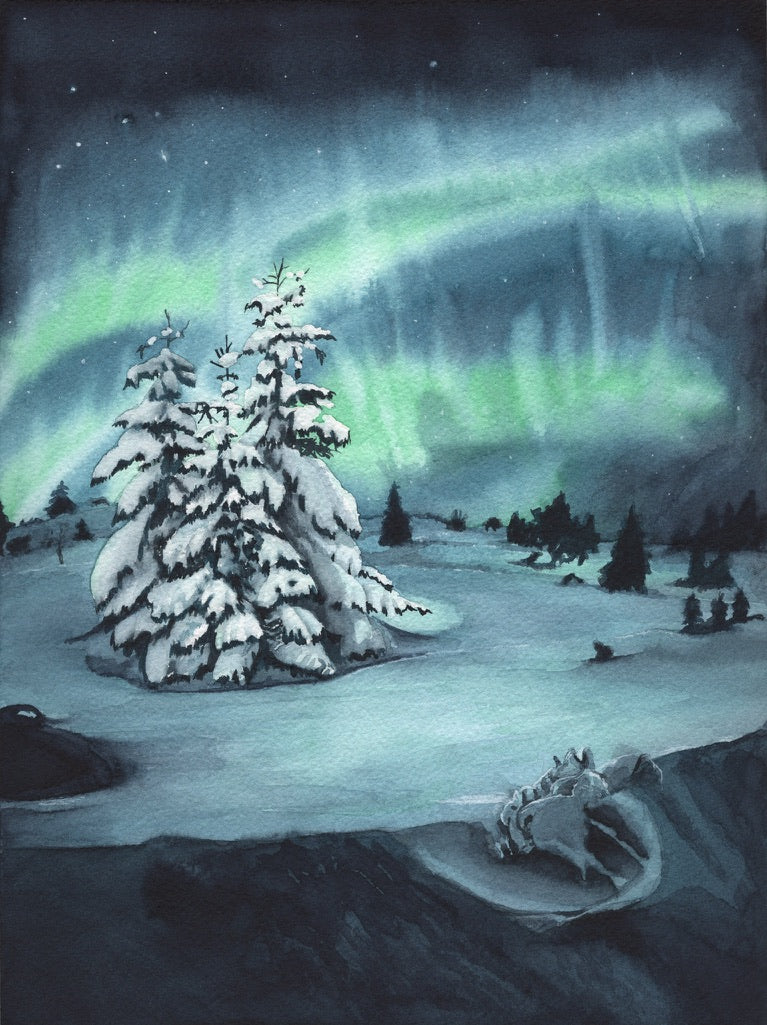 Winterlandschaft Polar Aquarellbild Nachtlandschaft mit verschneiten Bäumen, Eislandschaft, grün-blaues Nordlicht im Himmel