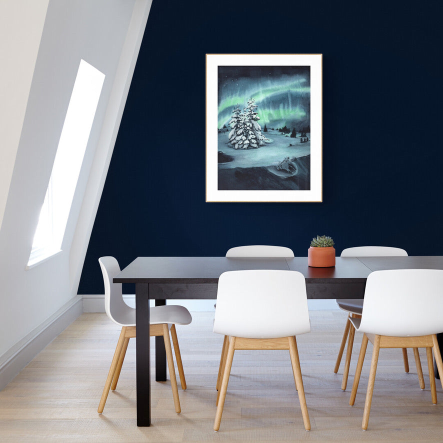 Winterlandschaft Polar Aquarellbild Nachtlandschaft mit verschneiten Bäumen, Eislandschaft, grün-blaues Nordlicht im Himmel