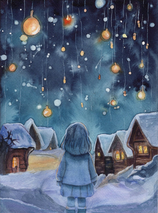 Illustration einer winterlichen Nacht: Ein Kind betrachtet eine Himmelskulisse aus schwebenden Lämpchen über verschneiten Häusern.