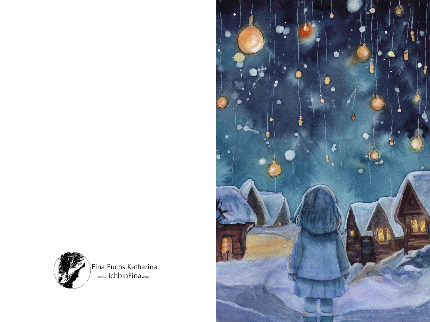 Grußkarte 10x15 cm, Illustration einer winterlichen Nacht: Ein Kind betrachtet eine Himmelskulisse aus schwebenden Lämpchen über verschneiten Häusern.