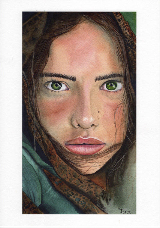 Frau mit Kopftuch - Original Aquarell Porträt von Fina Katharina Fuchs, handgemalt auf Papier, 15,5 x 27,5 cm, A4-Druck.